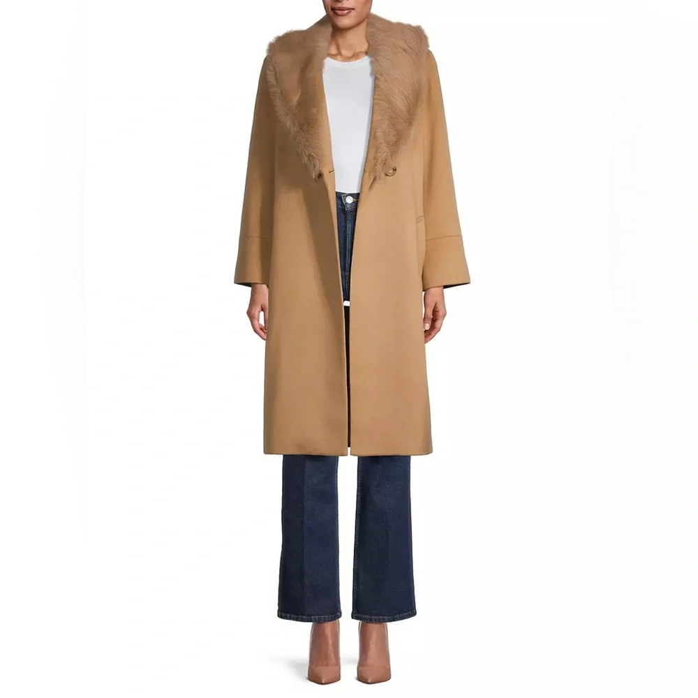 Sofia Cashmere Belted‎ Genuine Shearling Trim Coat NWT 14